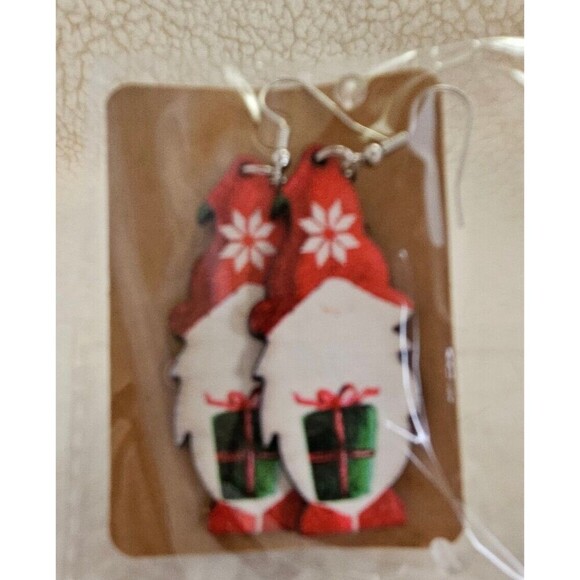 Gnome Wood Earrings Christmas Holiday Dangle/ Fishhook Style NEW! - Picture 2 of 2